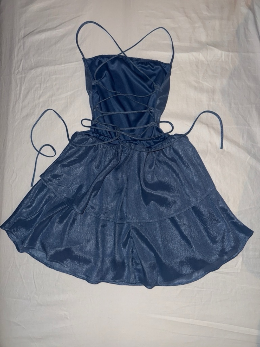 Lucy in the Sky Navy Blue Satin Lace-Up Tiered Skater Dress